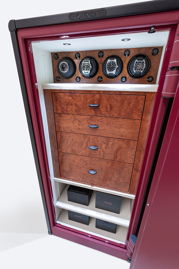 bespoke red leather safe with black stainless accents and interior with wood jewelry chest